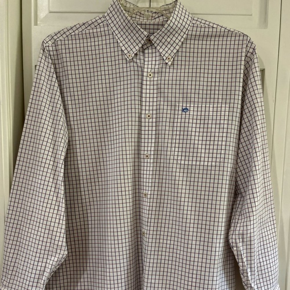 Southern Tide Button Down Shirt Men L Long Sleeve Black Red Check Cotton Spandex